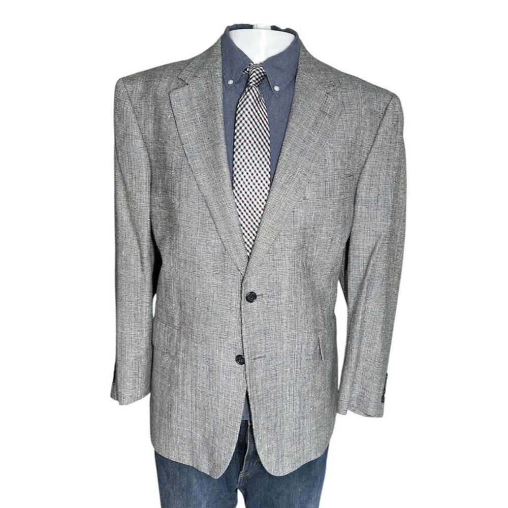 JOS A BANK Men’s 100% Silk Blazer Sport Coat Size 44R Gray Blue Tan Silver Weave